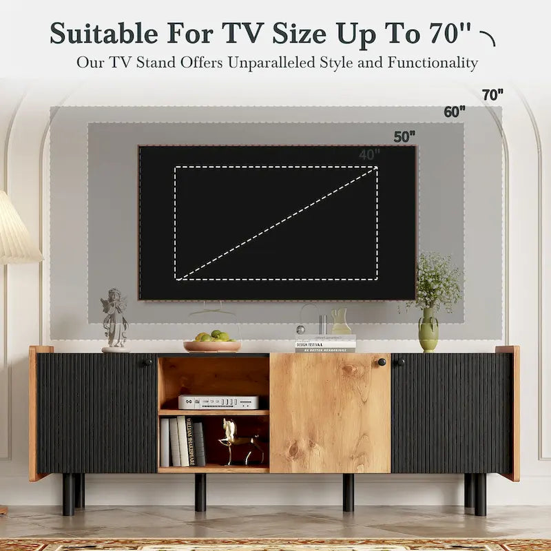 Mid Century TV Stand with 3 Cabinets, Media Console Table for TVs up to 70, Entertainment Center with Storage
