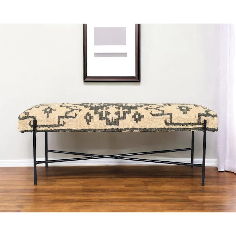 HomeRoots 48 Cream and Black Cotton Blend Upholstered Southwest Bench - 48' X '18' X '16