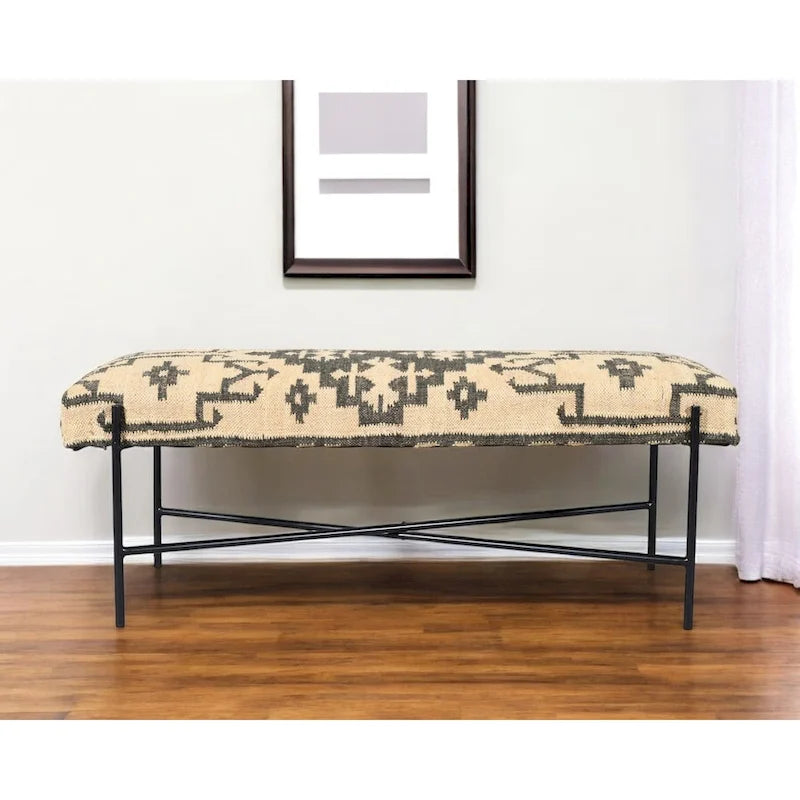 HomeRoots 48 Cream and Black Cotton Blend Upholstered Southwest Bench - 48' X '18' X '16
