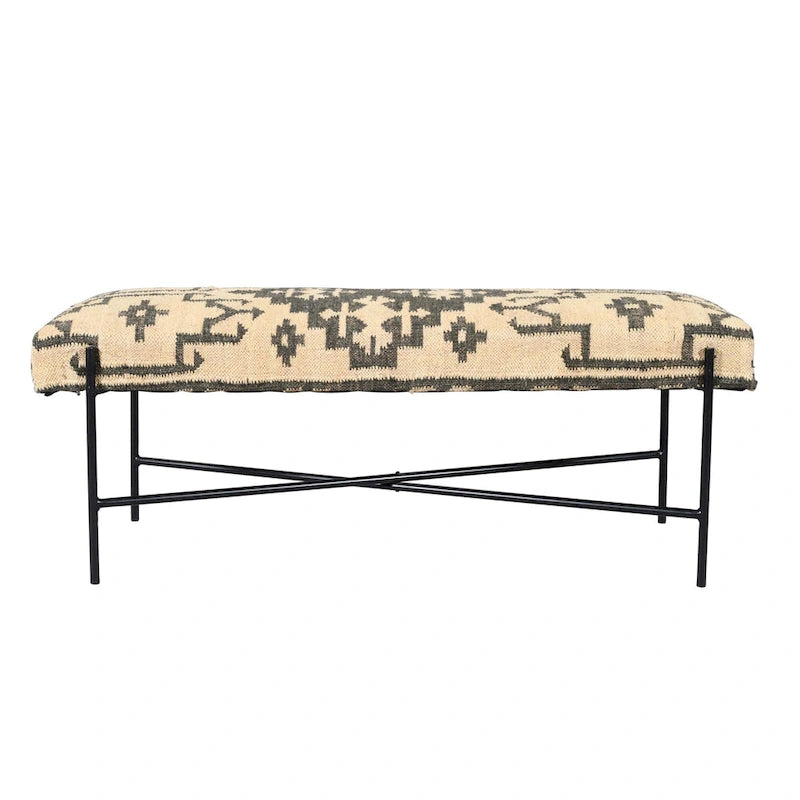 HomeRoots 48 Cream and Black Cotton Blend Upholstered Southwest Bench - 48' X '18' X '16