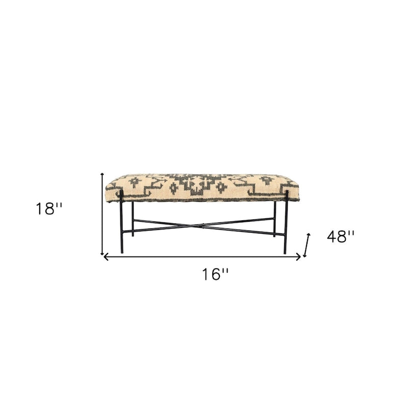 HomeRoots 48 Cream and Black Cotton Blend Upholstered Southwest Bench - 48' X '18' X '16
