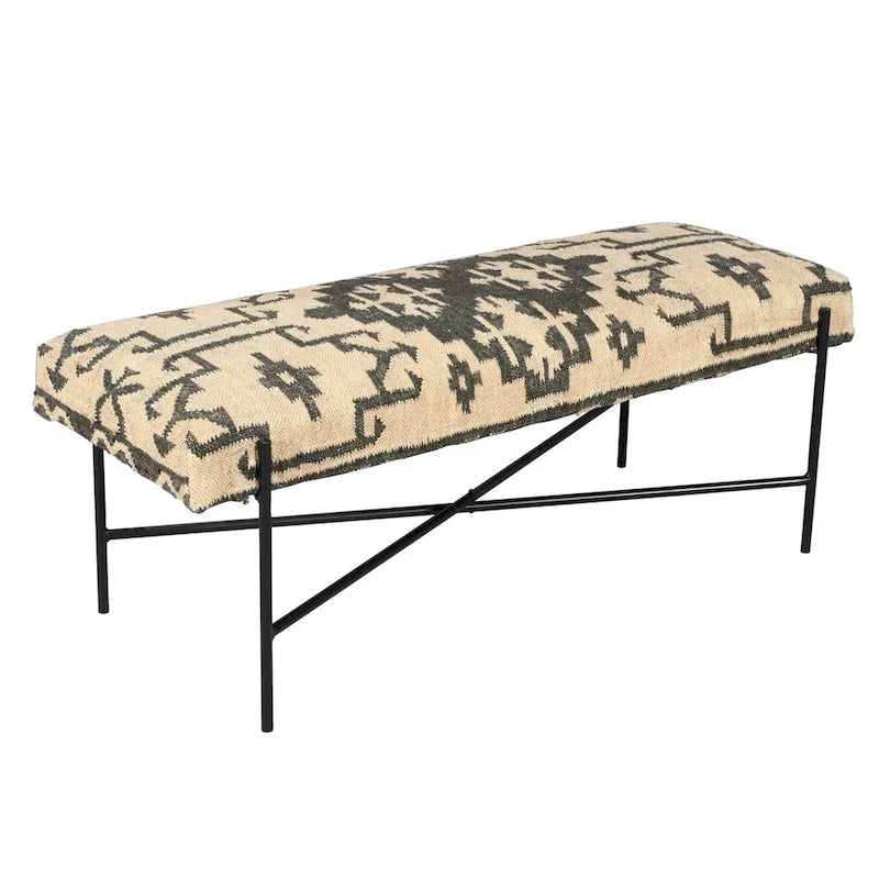 HomeRoots 48 Cream and Black Cotton Blend Upholstered Southwest Bench - 48' X '18' X '16