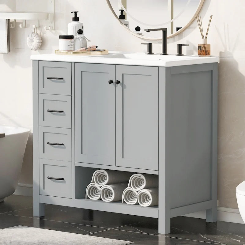 36 Modern Vanity with Sink, 2 Cabinets, 2 Metal Handles, and Sliding Drawer Tracks, Suitable for Dressing Room Bathroom