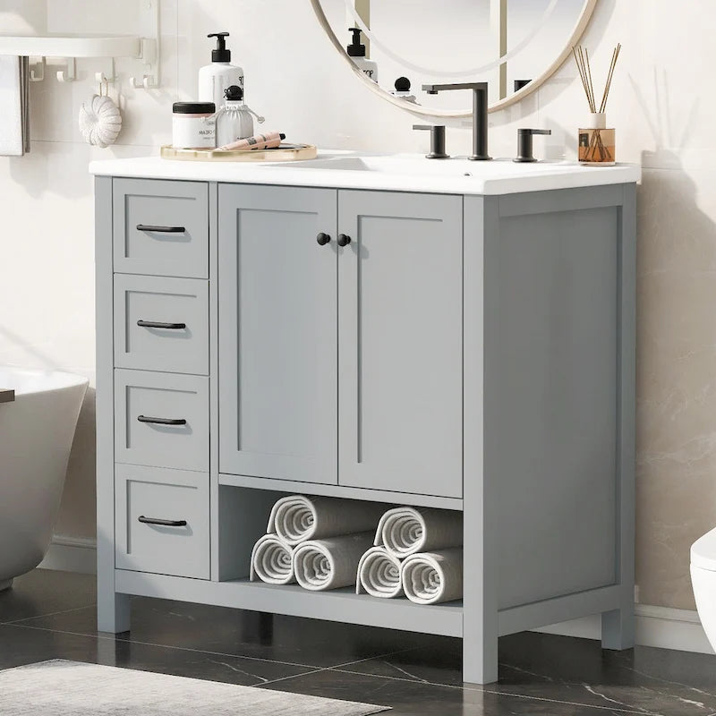36 Modern Vanity with Sink, 2 Cabinets, 2 Metal Handles, and Sliding Drawer Tracks, Suitable for Dressing Room Bathroom