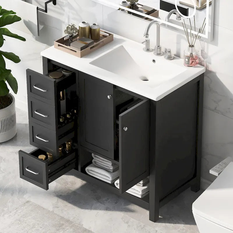 36 Modern Vanity with Sink, 2 Cabinets, 2 Metal Handles, and Sliding Drawer Tracks, Suitable for Dressing Room Bathroom