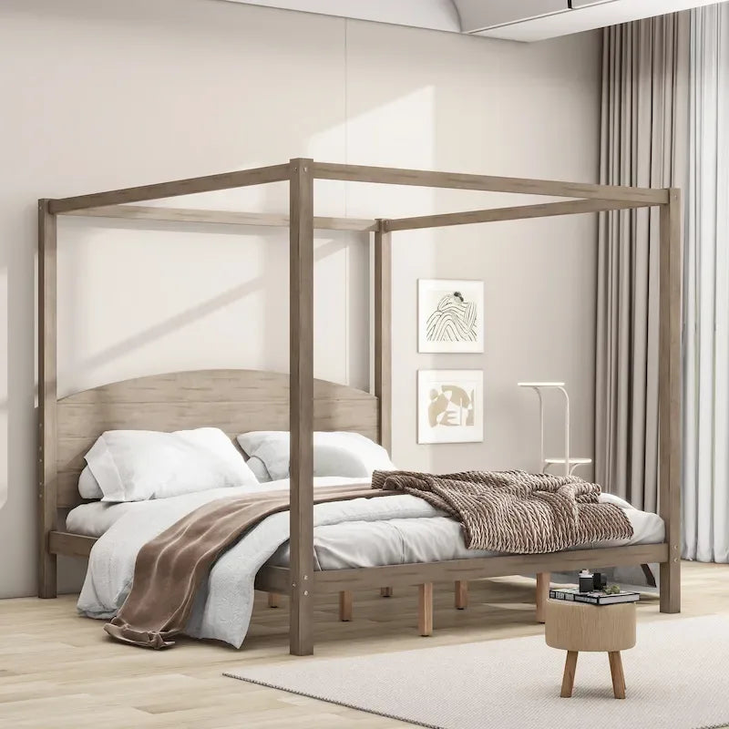 King Size Pine Canopy Platform Bed w/ Classic Wood Headboard Upholstered Bed Frame, No Box Spring Needed, Easy Assembly