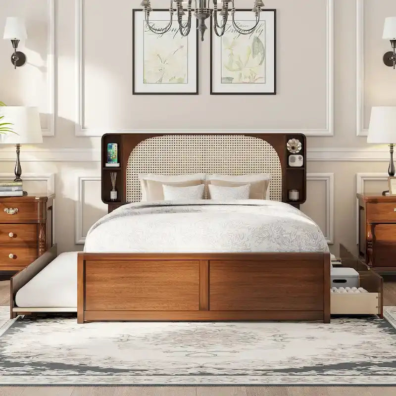 Queen Size Rattan Headboard Bed with Two Storage Drawers and Trundle, Walnut