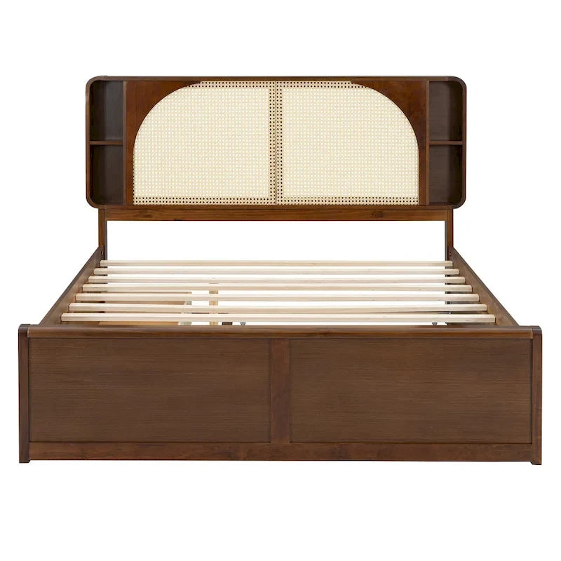 Queen Size Rattan Headboard Bed with Two Storage Drawers and Trundle, Walnut