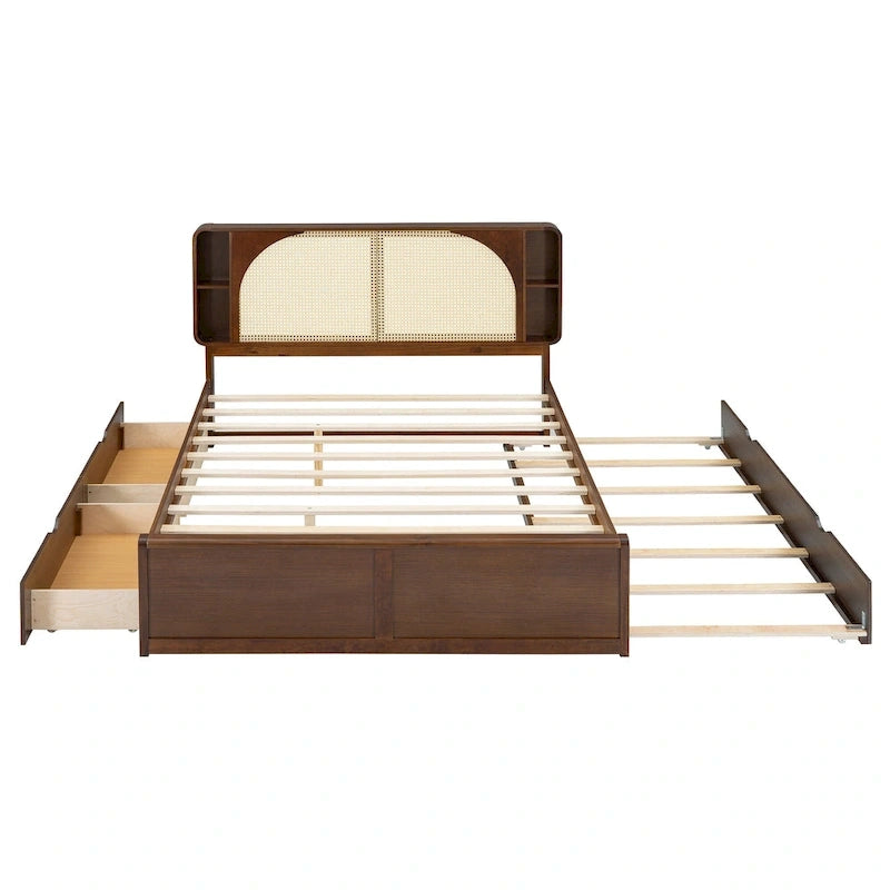 Queen Size Rattan Headboard Bed with Two Storage Drawers and Trundle, Walnut