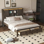 Queen Wood Platform Bed with 8 Shelves, 2 Drawers, Barn Door LED Design & USB