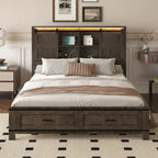 Queen Wood Platform Bed with 8 Shelves, 2 Drawers, Barn Door LED Design & USB