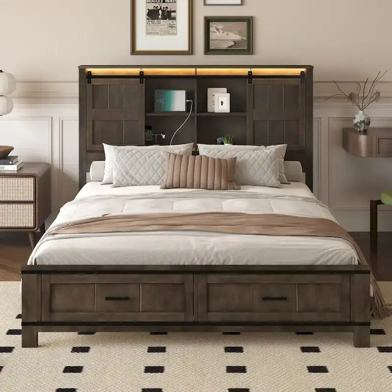 Queen Wood Platform Bed with 8 Shelves, 2 Drawers, Barn Door LED Design & USB