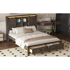 Queen Wood Platform Bed with 8 Shelves, 2 Drawers, Barn Door LED Design & USB