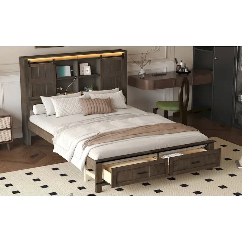 Queen Wood Platform Bed with 8 Shelves, 2 Drawers, Barn Door LED Design & USB