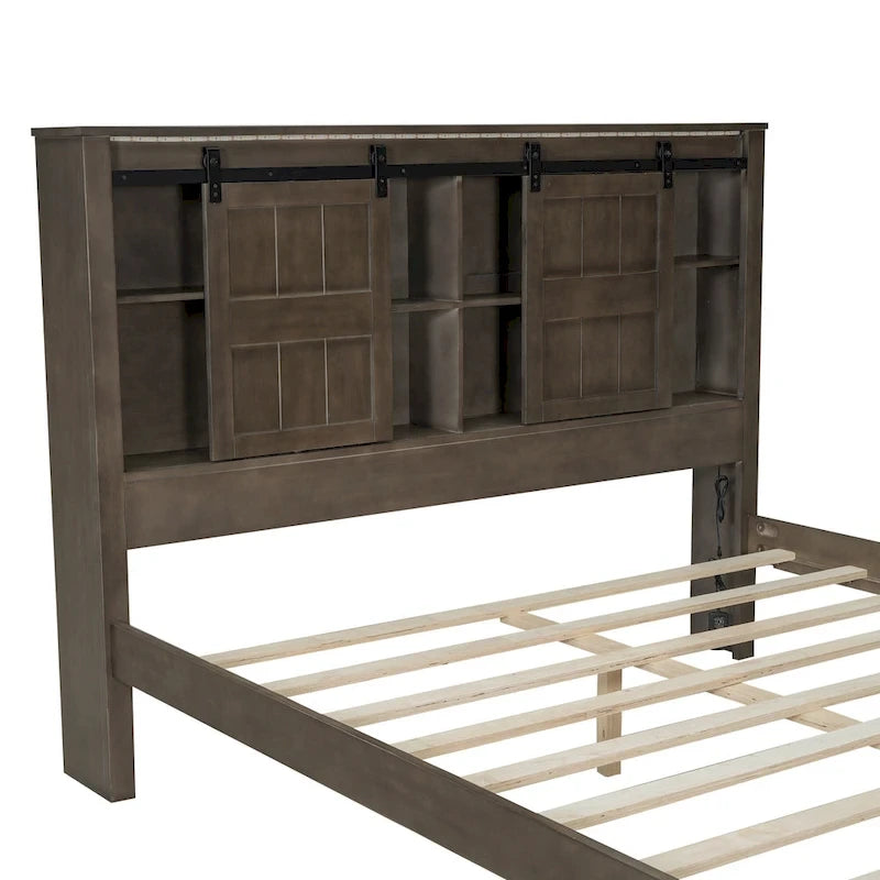 Queen Wood Platform Bed with 8 Shelves, 2 Drawers, Barn Door LED Design & USB