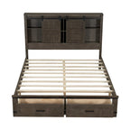 Queen Wood Platform Bed with 8 Shelves, 2 Drawers, Barn Door LED Design & USB