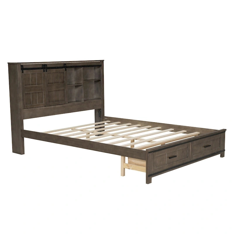 Queen Wood Platform Bed with 8 Shelves, 2 Drawers, Barn Door LED Design & USB