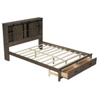Queen Wood Platform Bed with 8 Shelves, 2 Drawers, Barn Door LED Design & USB