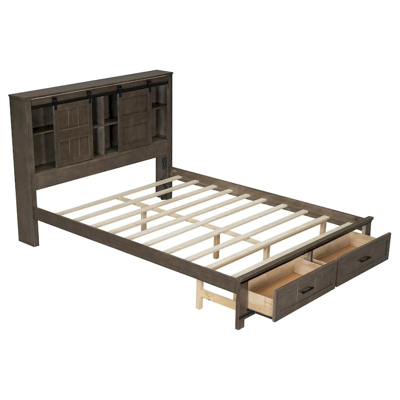 Queen Wood Platform Bed with 8 Shelves, 2 Drawers, Barn Door LED Design & USB
