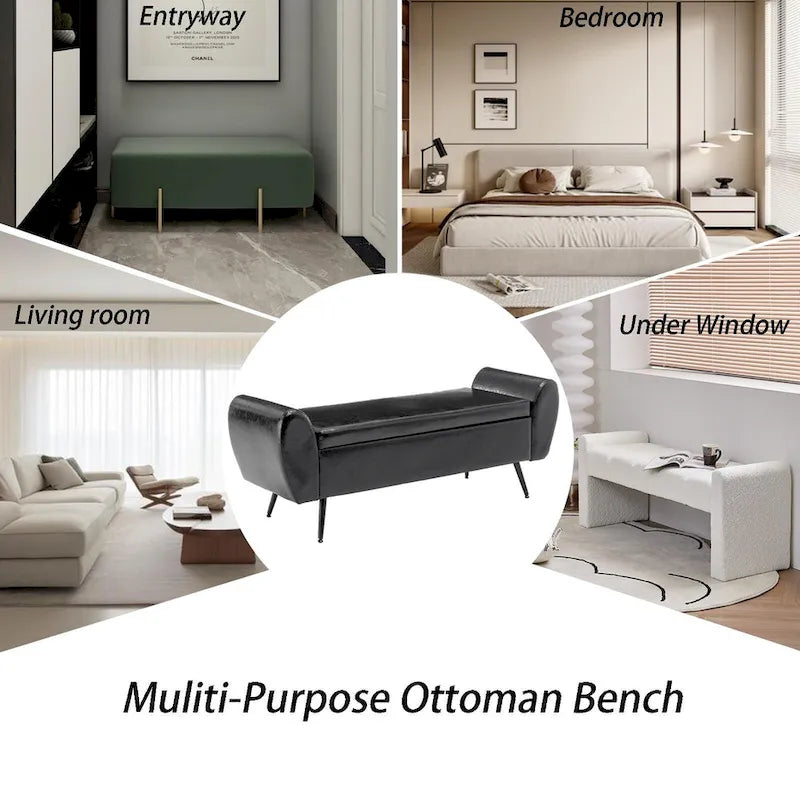 Upholstered 56W Flip Top Storage Bench with arms
