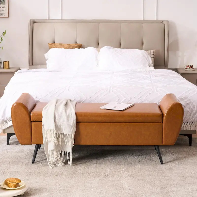 Upholstered 56W Flip Top Storage Bench with arms