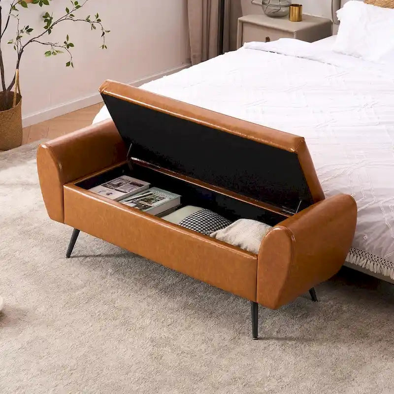 Upholstered 56W Flip Top Storage Bench with arms