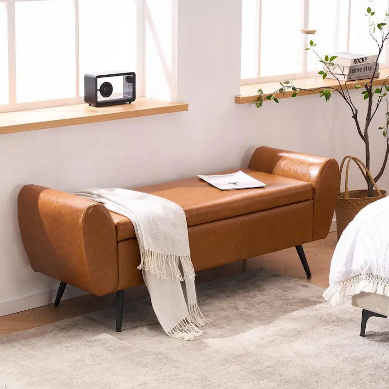 Upholstered 56W Flip Top Storage Bench with arms