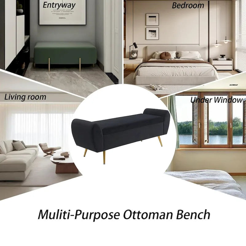 Upholstered 56W Flip Top Storage Bench with arms