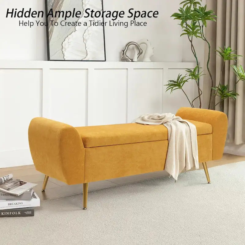 Upholstered 56W Flip Top Storage Bench with arms