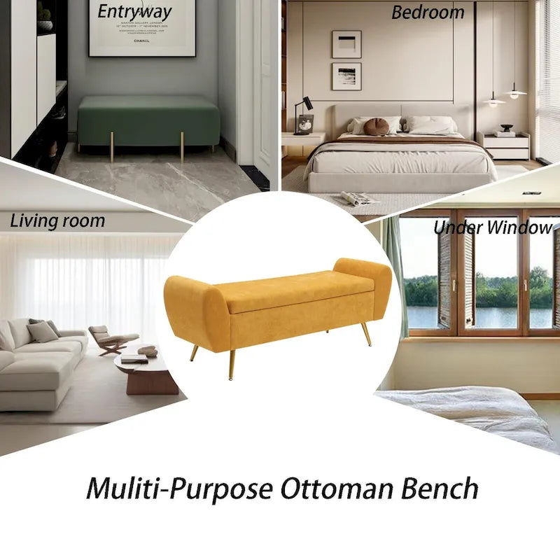 Upholstered 56W Flip Top Storage Bench with arms