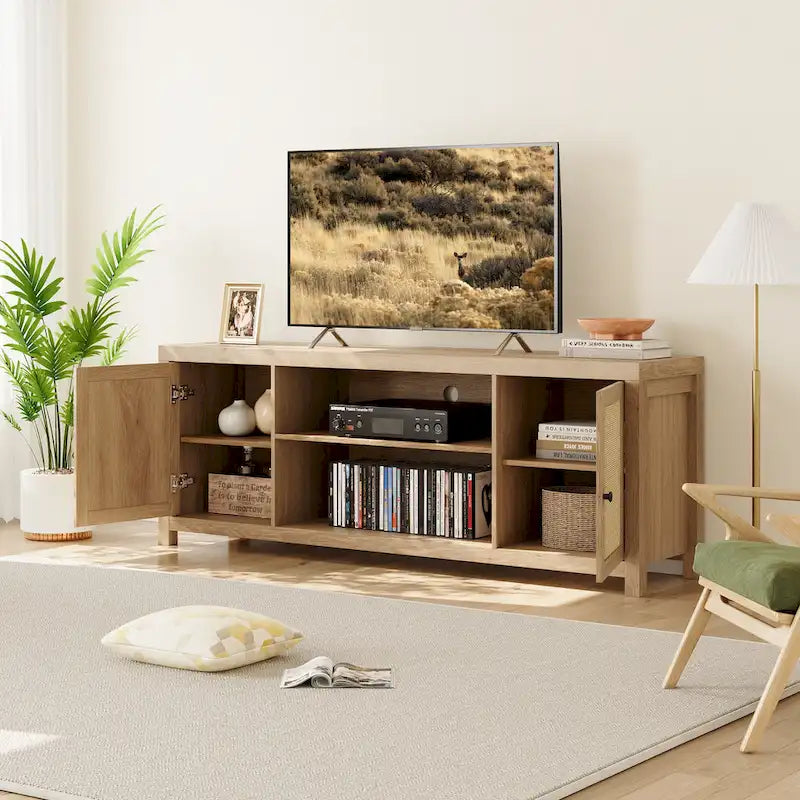 Rattan TV Stand for 65 Inch, Boho Entertainment Center with Storage and Doors - 65 inches