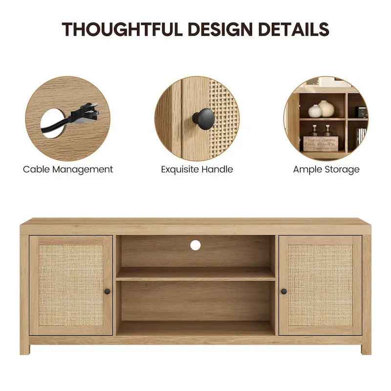 Rattan TV Stand for 65 Inch, Boho Entertainment Center with Storage and Doors - 65 inches