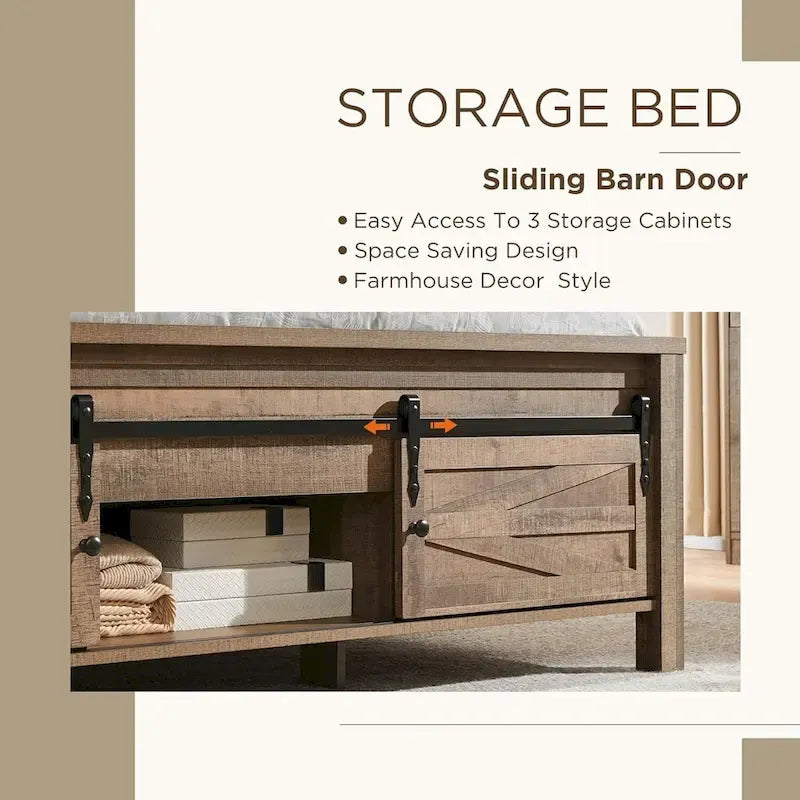 Farmhouse Full size Wood Bed Frame with Sliding Barn Door storage