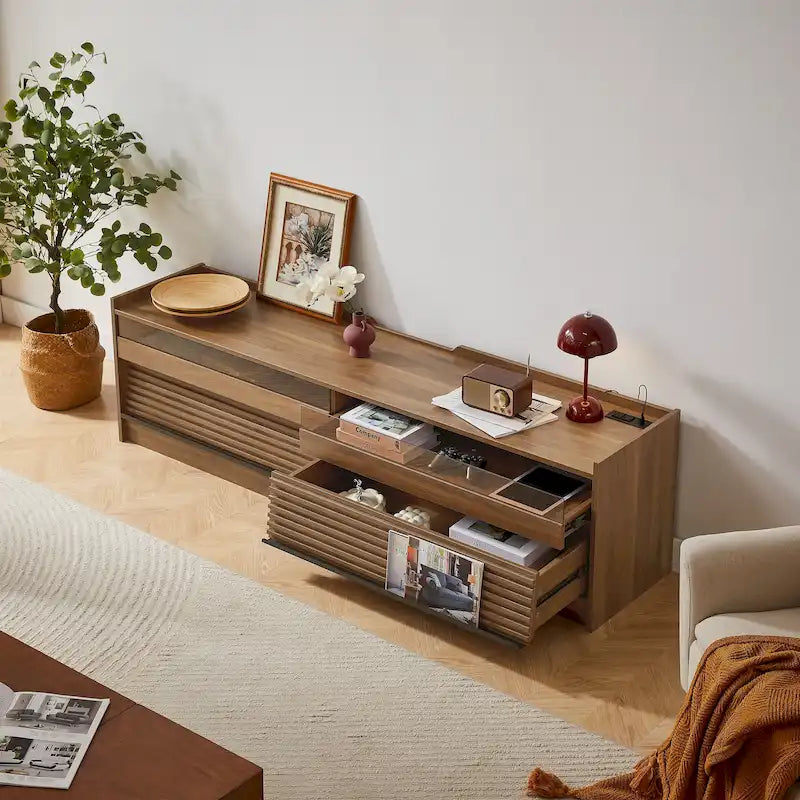 Modern TV Stand with Drawers Design and Built-in Charging Ports and Ambient LED Lighting