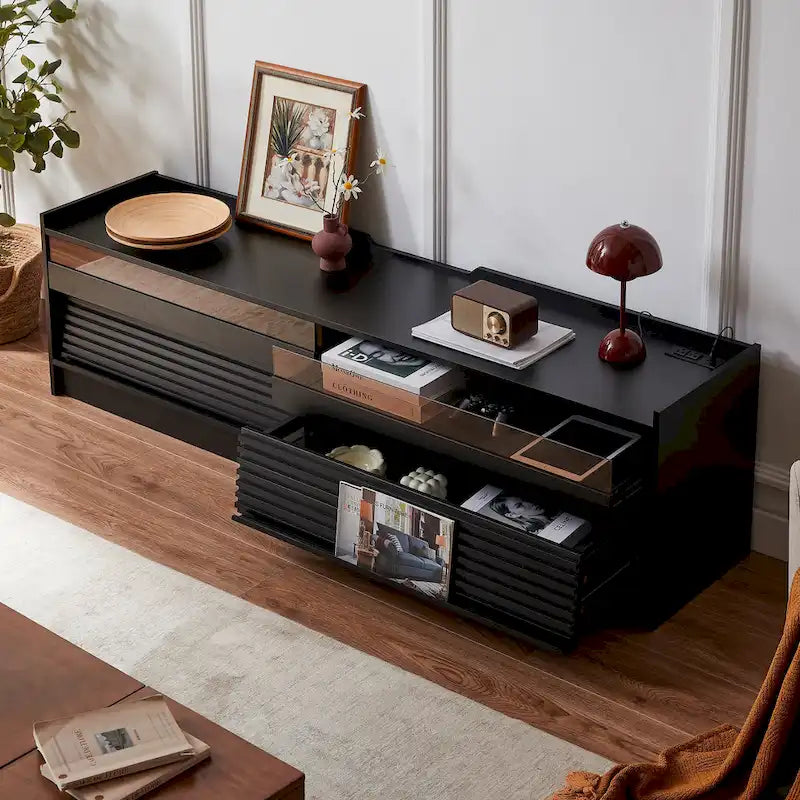 Modern TV Stand with Drawers Design and Built-in Charging Ports and Ambient LED Lighting