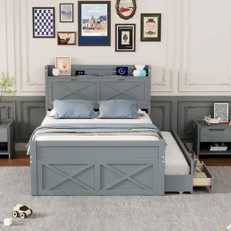 Wooden Platform Bed Outlets on Storage Headboard, Wood Slat Panel Bed Frame with 3 Storage Drawers & Pull-out Trundle Bed