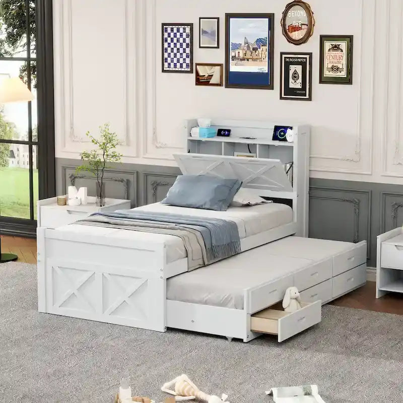 Wooden Platform Bed Outlets on Storage Headboard, Wood Slat Panel Bed Frame with 3 Storage Drawers & Pull-out Trundle Bed
