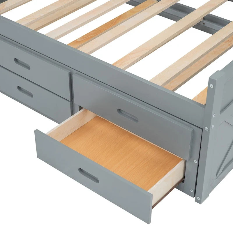 Wooden Platform Bed Outlets on Storage Headboard, Wood Slat Panel Bed Frame with 3 Storage Drawers & Pull-out Trundle Bed