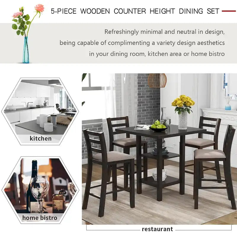5-Piece Wooden Counter Height Dining Set Kitchen Bar Dining Table Sets with Padded Chairs and Storage Shelving for Kitchen