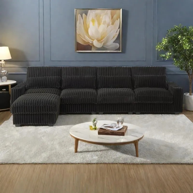 126 Corduroy L-Shaped Sectional Sofa with Cup Holders, and USB/Type-C Ports, Movable Footrest & 8 Pillows