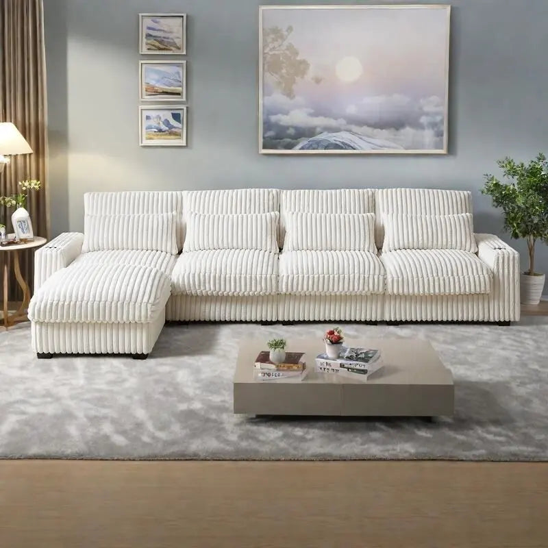 126 Corduroy L-Shaped Sectional Sofa with Cup Holders, and USB/Type-C Ports, Movable Footrest & 8 Pillows