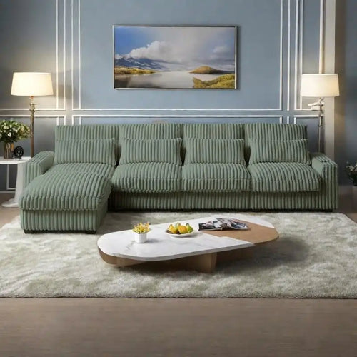 126 Corduroy L-Shaped Sectional Sofa with Cup Holders, and USB/Type-C Ports, Movable Footrest & 8 Pillows