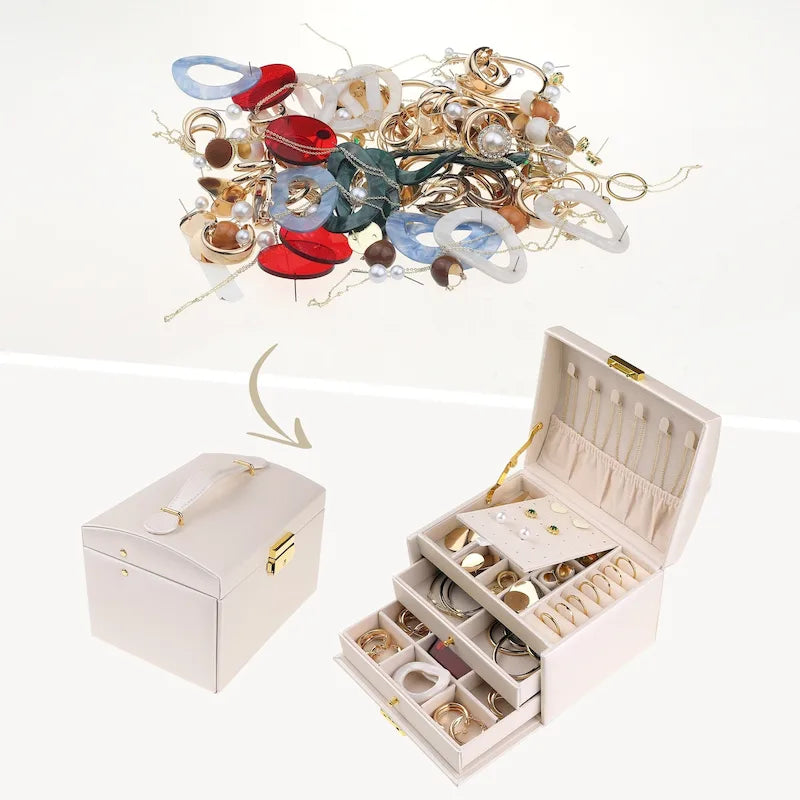 3 Layer Jewelry Box for Women, PU Leather Jewelry Organizer Case Storage Display Holder with Drawer, Removable Jewelry Tray