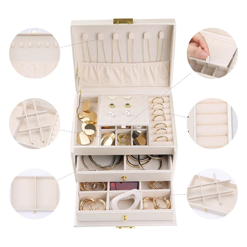 3 Layer Jewelry Box for Women, PU Leather Jewelry Organizer Case Storage Display Holder with Drawer, Removable Jewelry Tray