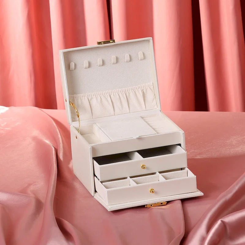 3 Layer Jewelry Box for Women, PU Leather Jewelry Organizer Case Storage Display Holder with Drawer, Removable Jewelry Tray