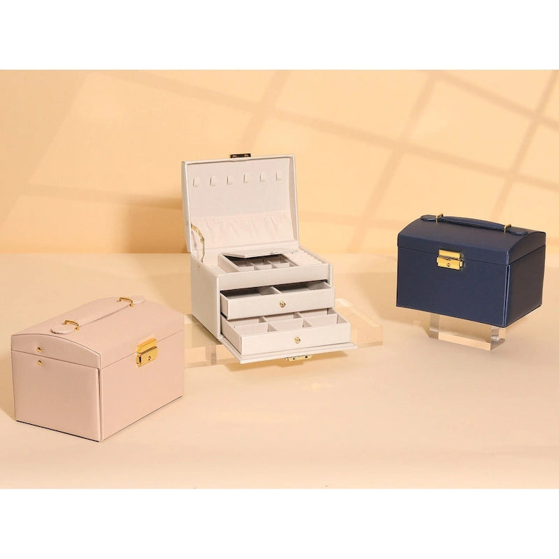 3 Layer Jewelry Box for Women, PU Leather Jewelry Organizer Case Storage Display Holder with Drawer, Removable Jewelry Tray