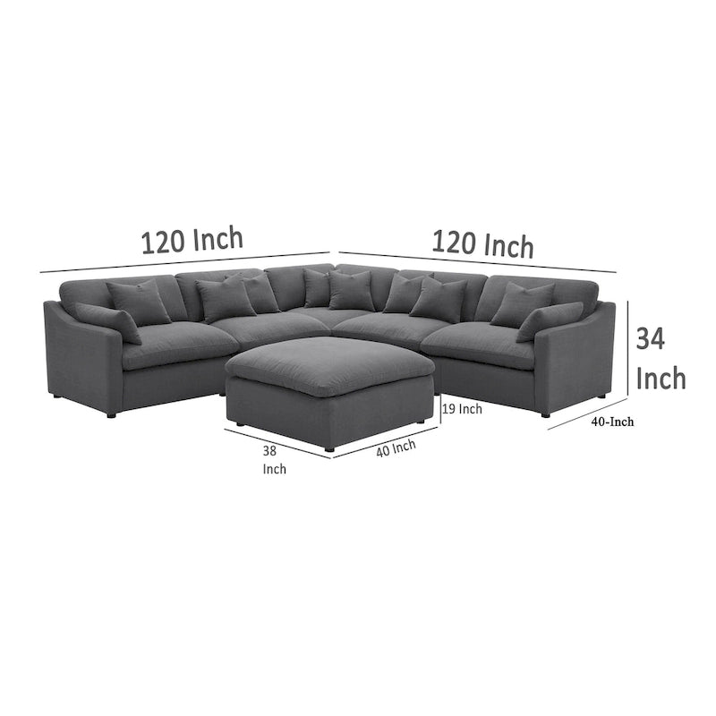 Hobo 6pc Sectional Sofa, Charcoal Gray Fabric, 10 Pillows, 120 Inch
