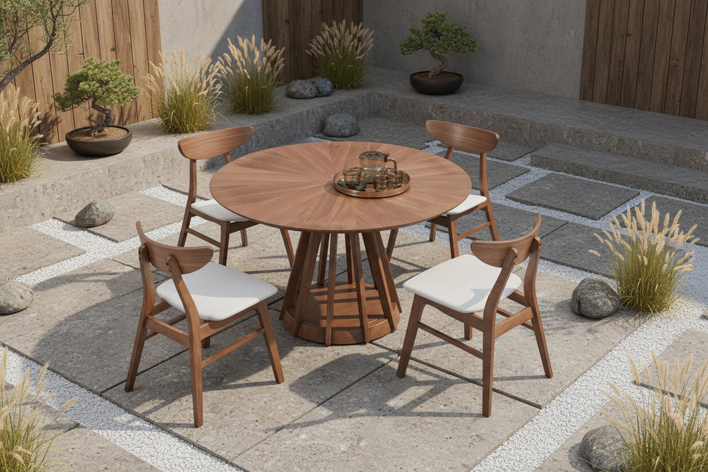 5 Pcs Solid Wood Dining Table Set, Round Kitchen Furniture Set with Wooden Pedestal Kitchen Table and 4 Upholstered Chairs