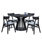 5 Pcs Solid Wood Dining Table Set, Round Kitchen Furniture Set with Wooden Pedestal Kitchen Table and 4 Upholstered Chairs