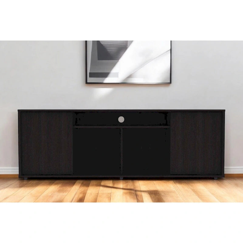 Modern Black TV Stand for 65 Inch TVs with Cabinets and Open Shelves and Wenge Wood Finish - 20 H x 59 W x 15 D